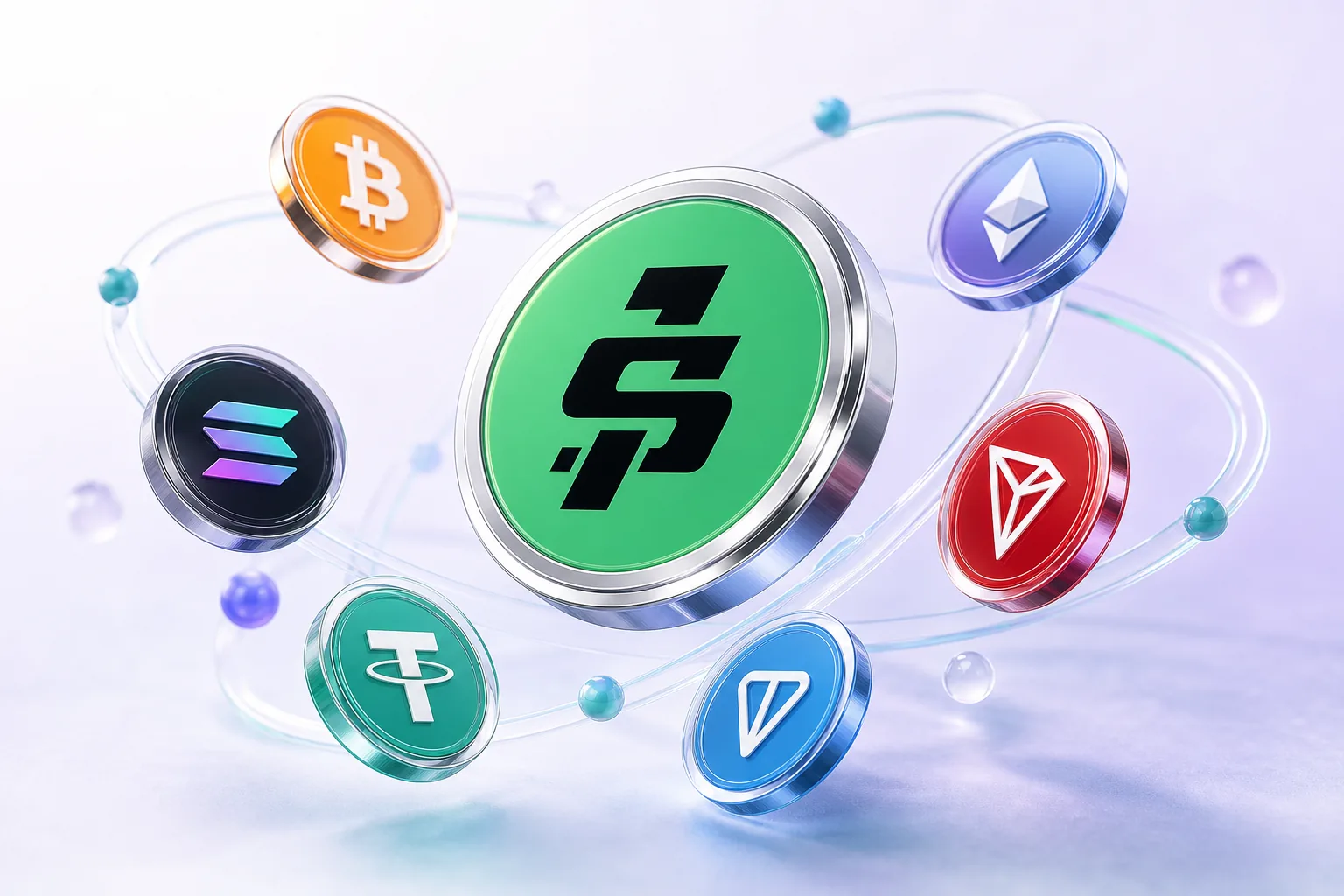 3D $1 utility token orbiting BTC, ETH, SOL, USDT, TON, and TRX ecosystem coins